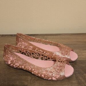 Crocs Barely Pink Isabella Glitter Peep-Toe Jelly Flat Slip-On Shoes Girls Sz J4